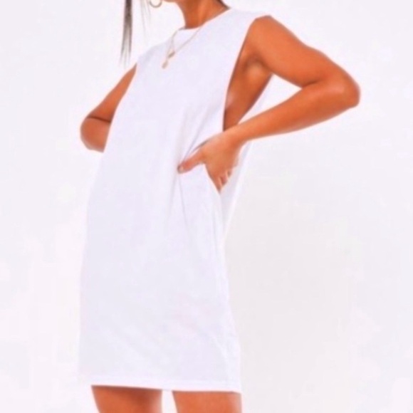 White Sleeveless Soft Cotton Oversized Vest Style Crew Neck T-Shirt Dress - Picture 5 of 6